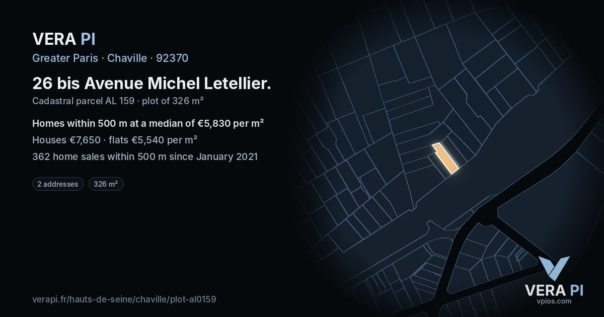 26 bis Avenue Michel Letellier, Chaville at night – the plot lit, the parcels around coloured by the prices near them