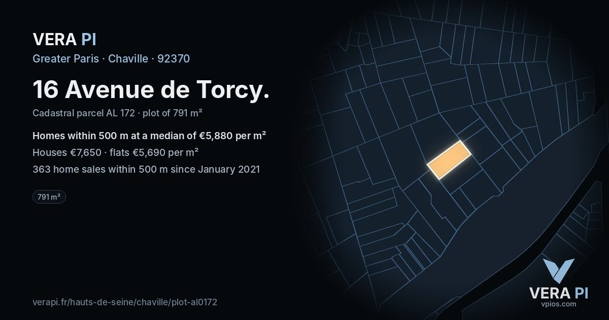 16 Avenue de Torcy, Chaville at night – the plot lit, the parcels around coloured by the prices near them