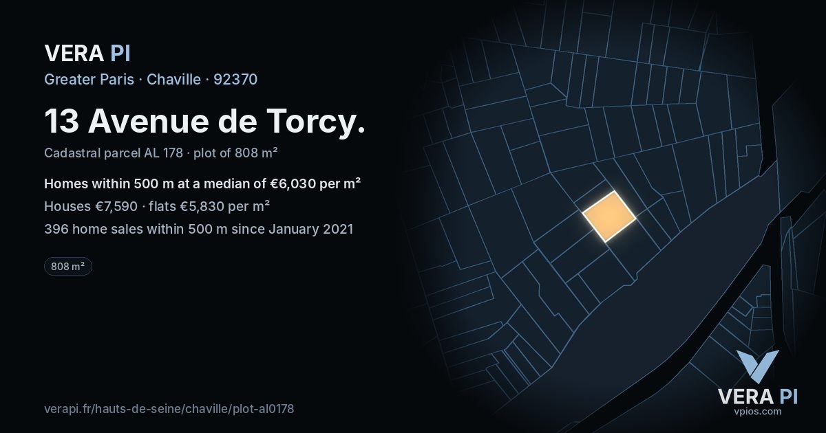 13 Avenue de Torcy, Chaville at night – the plot lit, the parcels around coloured by the prices near them