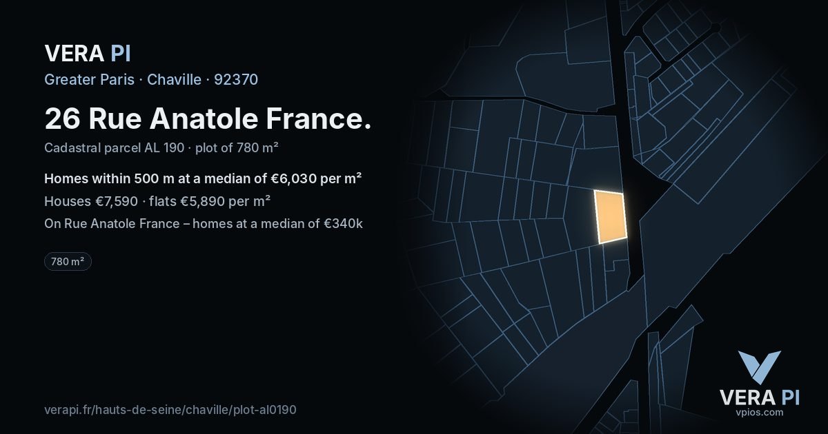 26 Rue Anatole France, Chaville at night – the plot lit, the parcels around coloured by the prices near them