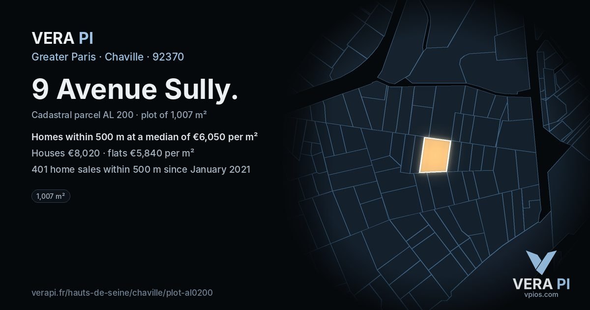 9 Avenue Sully, Chaville at night – the plot lit, the parcels around coloured by the prices near them