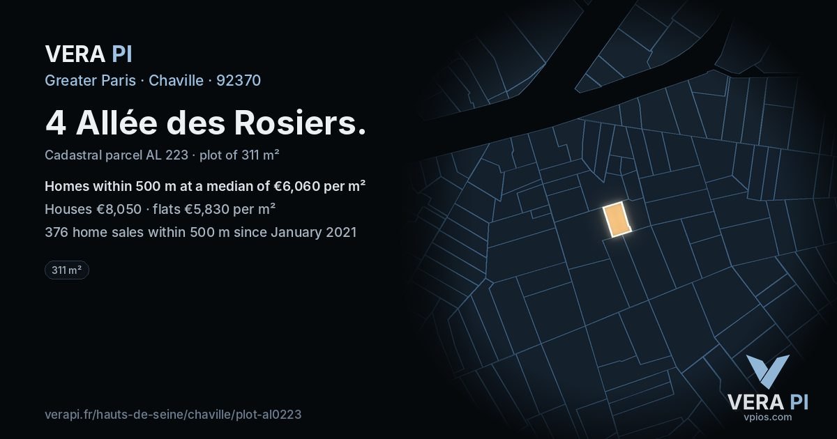 4 Allée des Rosiers, Chaville at night – the plot lit, the parcels around coloured by the prices near them