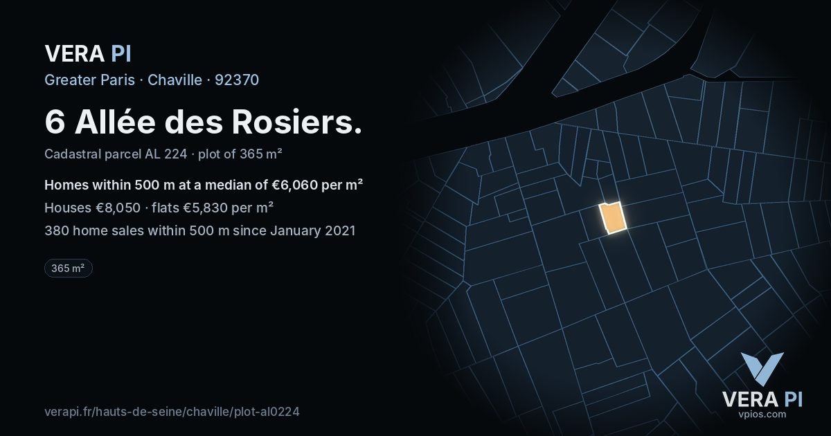 6 Allée des Rosiers, Chaville at night – the plot lit, the parcels around coloured by the prices near them