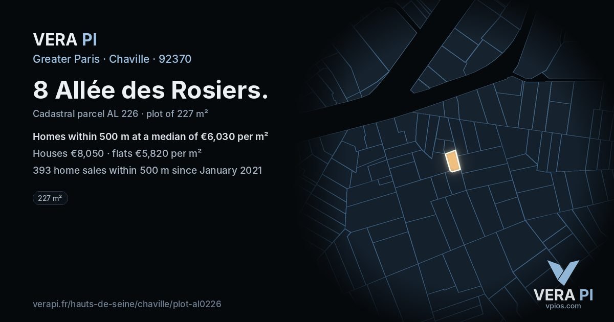 8 Allée des Rosiers, Chaville at night – the plot lit, the parcels around coloured by the prices near them