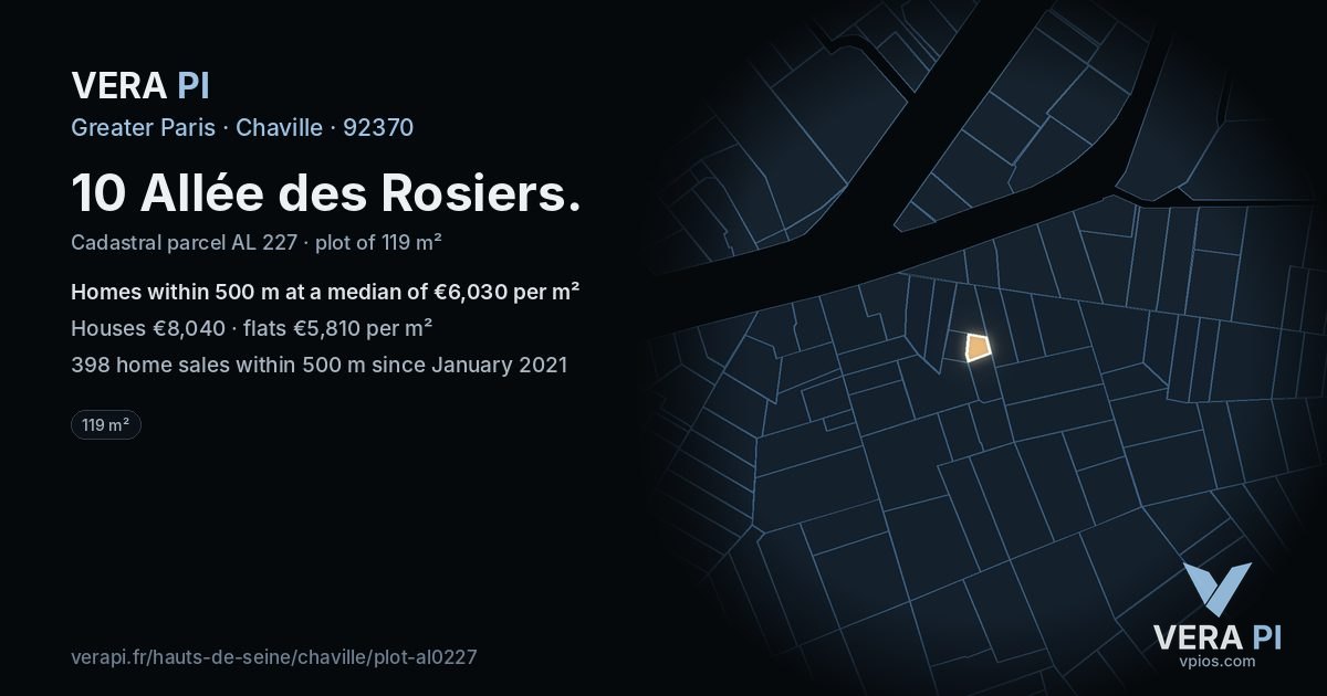 10 Allée des Rosiers, Chaville at night – the plot lit, the parcels around coloured by the prices near them