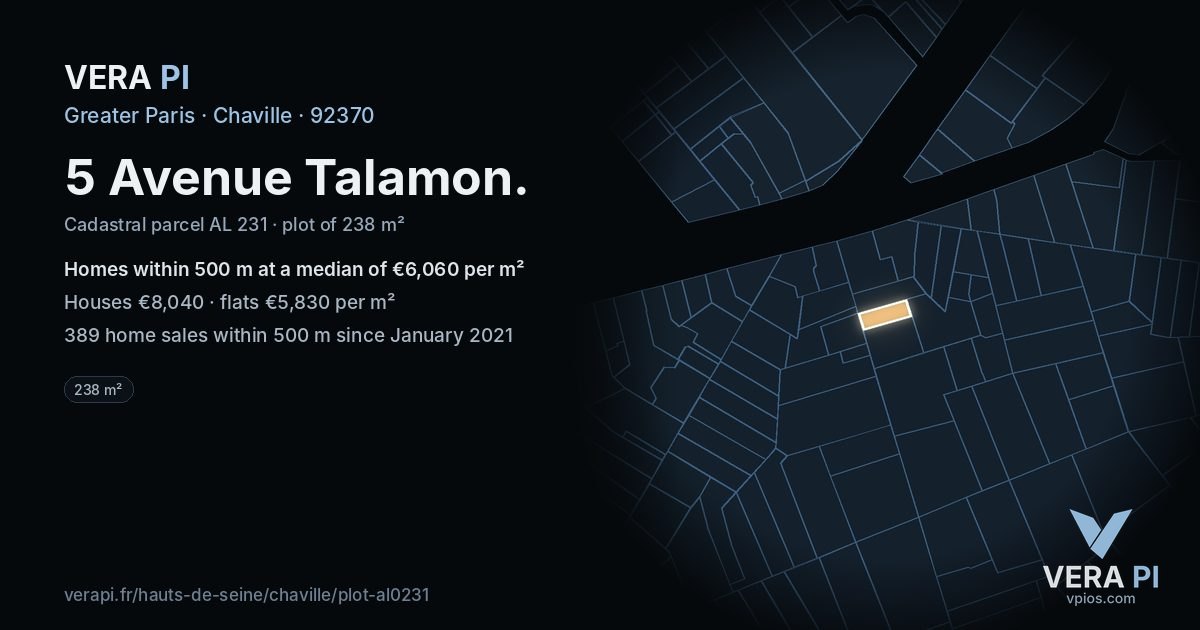 5 Avenue Talamon, Chaville at night – the plot lit, the parcels around coloured by the prices near them