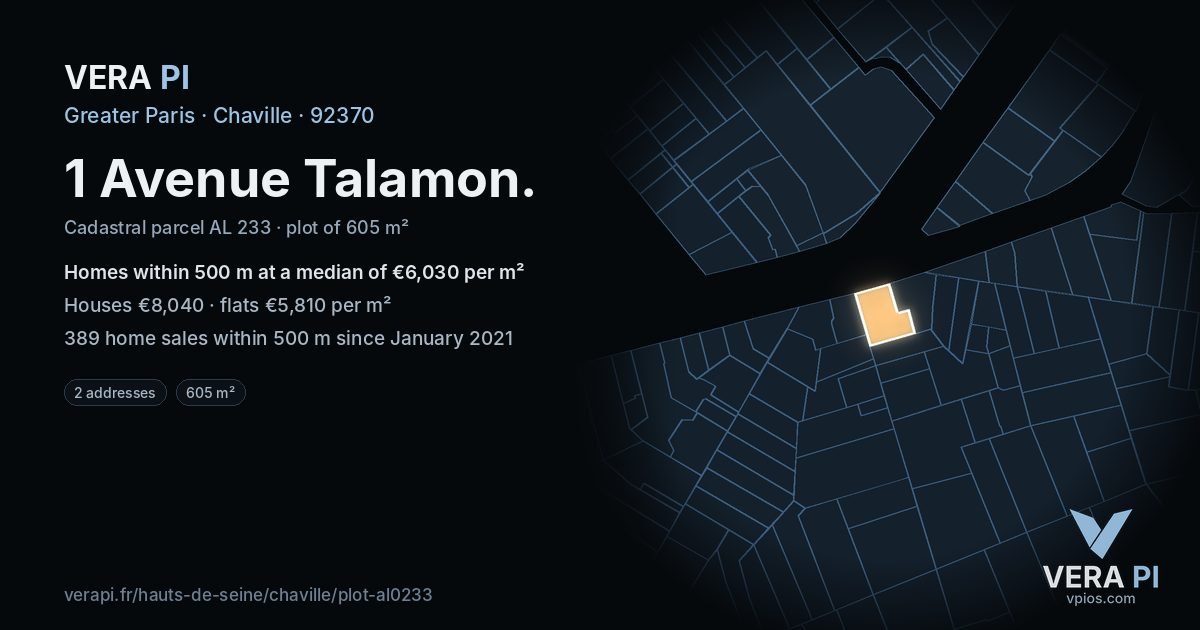1 Avenue Talamon, Chaville at night – the plot lit, the parcels around coloured by the prices near them