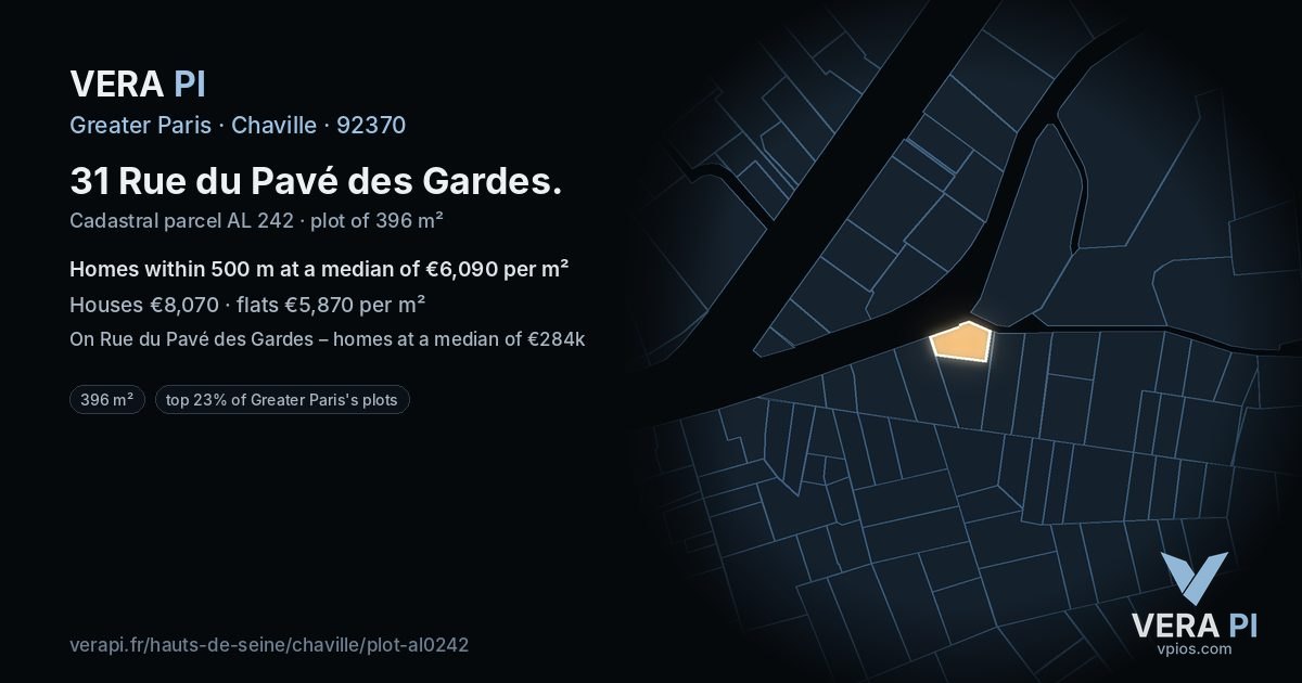 31 Rue du Pavé des Gardes, Chaville at night – the plot lit, the parcels around coloured by the prices near them