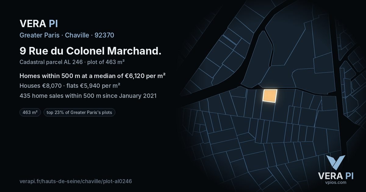 9 Rue du Colonel Marchand, Chaville at night – the plot lit, the parcels around coloured by the prices near them