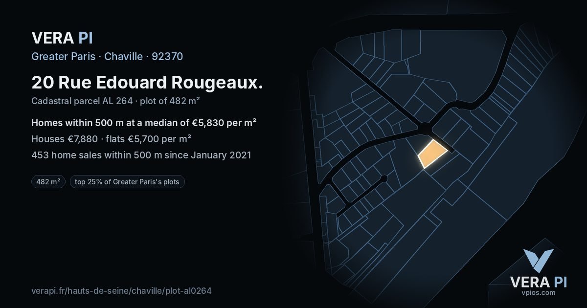 20 Rue Edouard Rougeaux, Chaville at night – the plot lit, the parcels around coloured by the prices near them