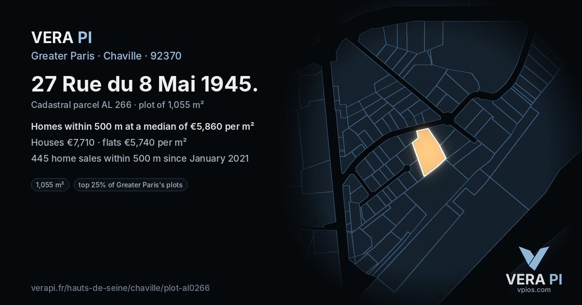 27 Rue du 8 Mai 1945, Chaville at night – the plot lit, the parcels around coloured by the prices near them