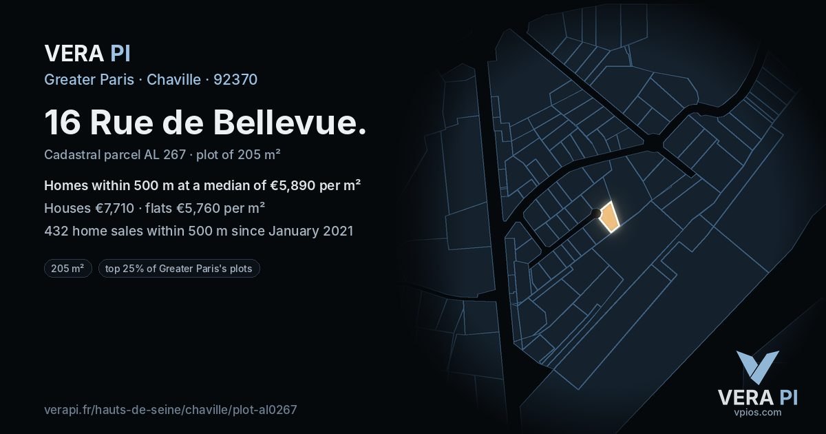 16 Rue de Bellevue, Chaville at night – the plot lit, the parcels around coloured by the prices near them