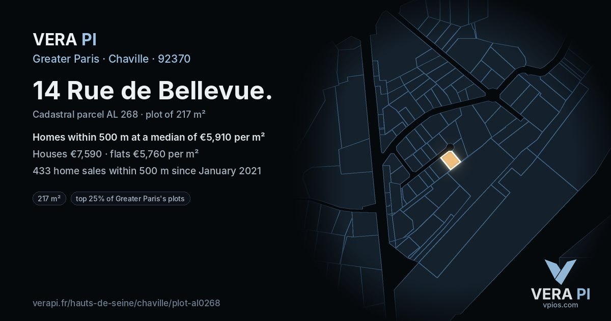 14 Rue de Bellevue, Chaville at night – the plot lit, the parcels around coloured by the prices near them