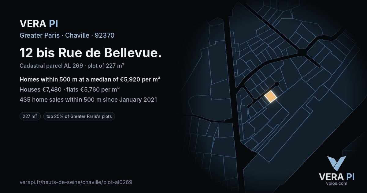 12 bis Rue de Bellevue, Chaville at night – the plot lit, the parcels around coloured by the prices near them