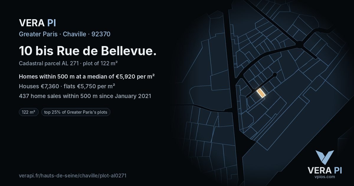 10 bis Rue de Bellevue, Chaville at night – the plot lit, the parcels around coloured by the prices near them