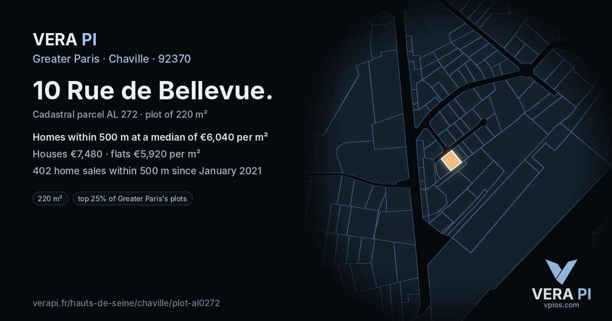 10 Rue de Bellevue, Chaville at night – the plot lit, the parcels around coloured by the prices near them