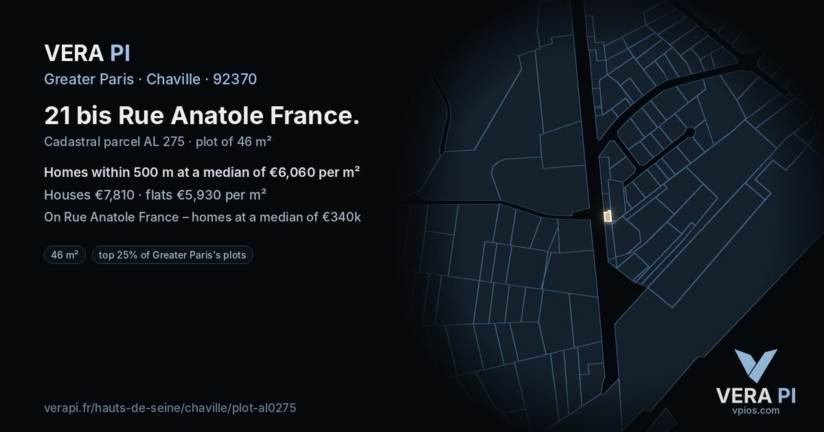 21 bis Rue Anatole France, Chaville at night – the plot lit, the parcels around coloured by the prices near them