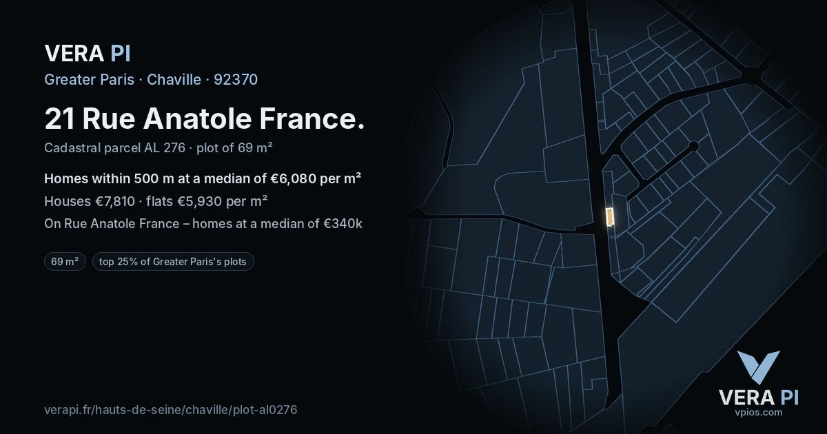 21 Rue Anatole France, Chaville at night – the plot lit, the parcels around coloured by the prices near them