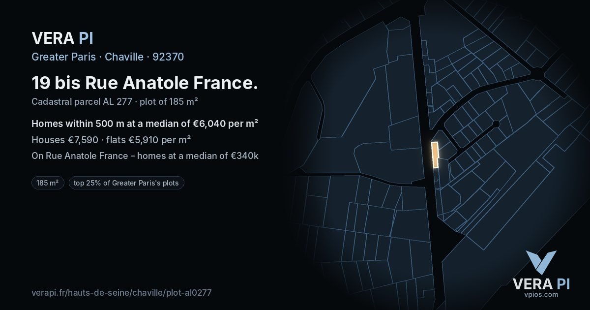 19 bis Rue Anatole France, Chaville at night – the plot lit, the parcels around coloured by the prices near them