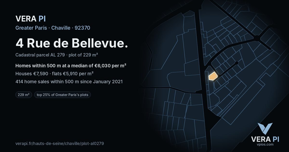 4 Rue de Bellevue, Chaville at night – the plot lit, the parcels around coloured by the prices near them