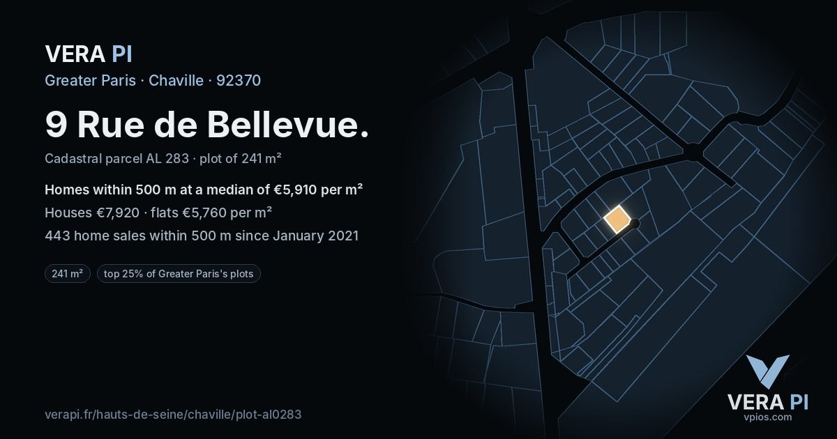 9 Rue de Bellevue, Chaville at night – the plot lit, the parcels around coloured by the prices near them