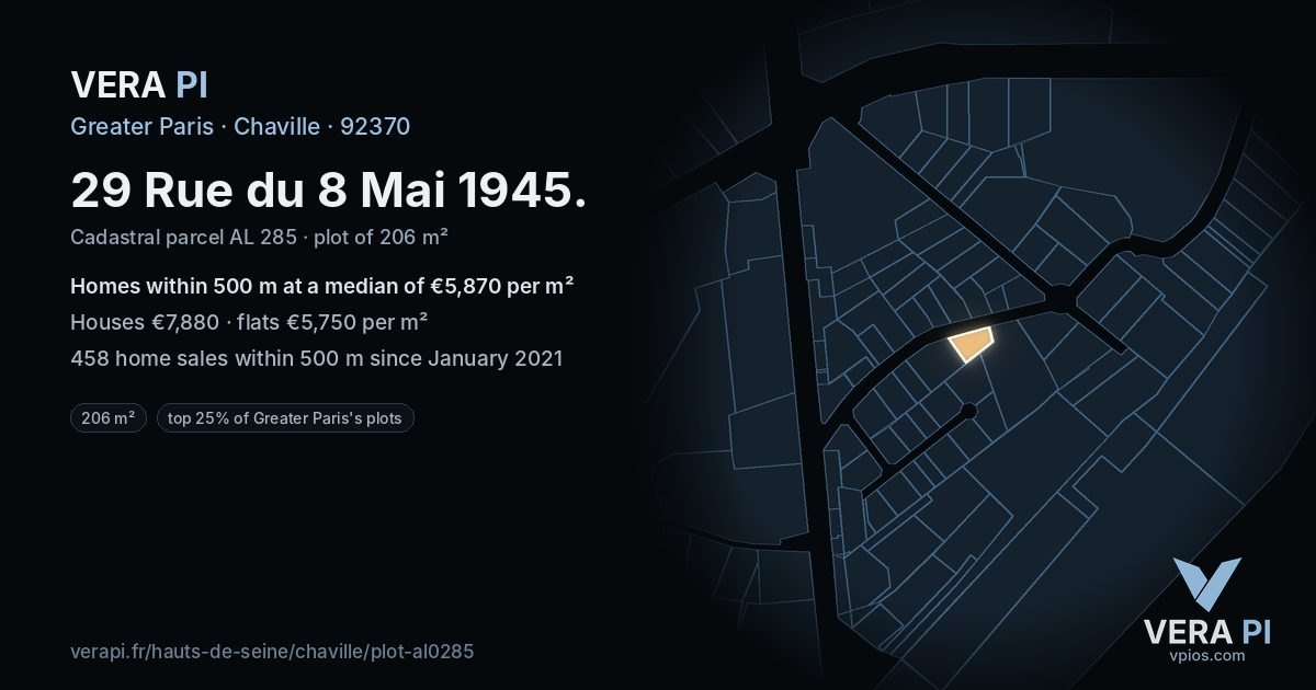 29 Rue du 8 Mai 1945, Chaville at night – the plot lit, the parcels around coloured by the prices near them