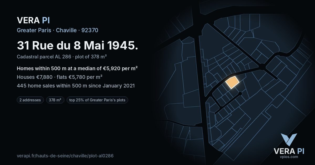 31 Rue du 8 Mai 1945, Chaville at night – the plot lit, the parcels around coloured by the prices near them