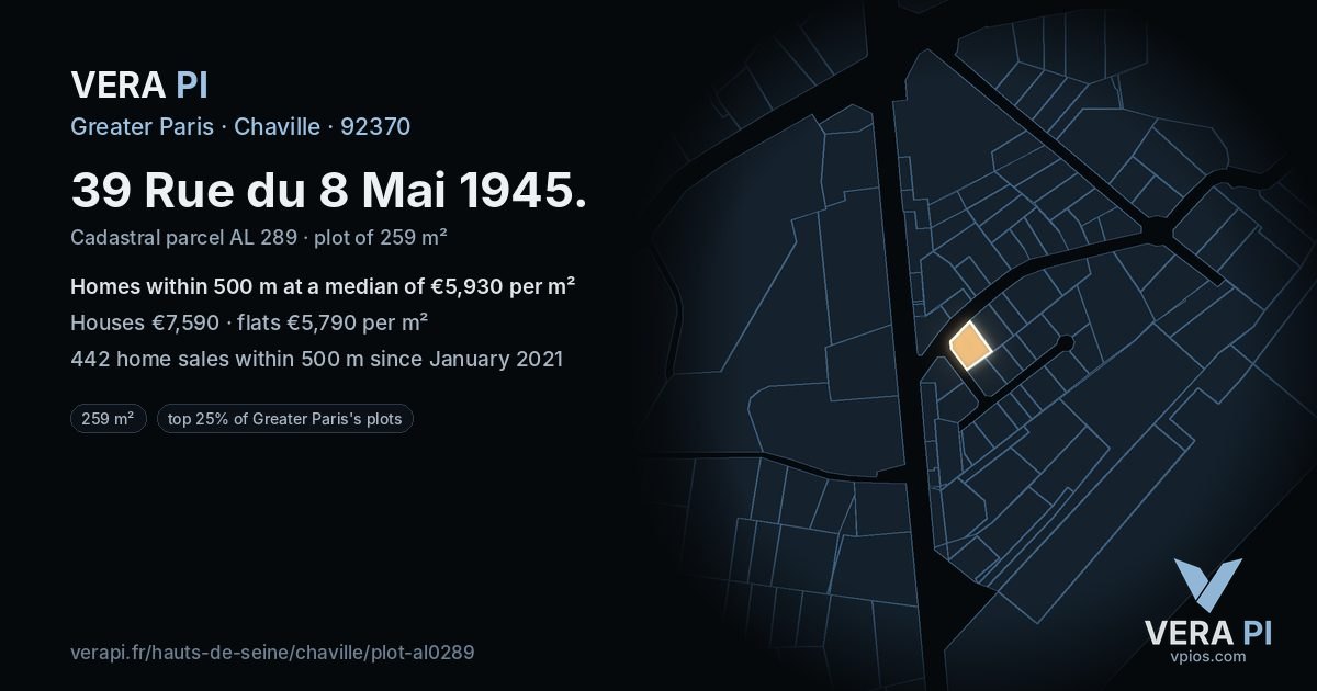 39 Rue du 8 Mai 1945, Chaville at night – the plot lit, the parcels around coloured by the prices near them
