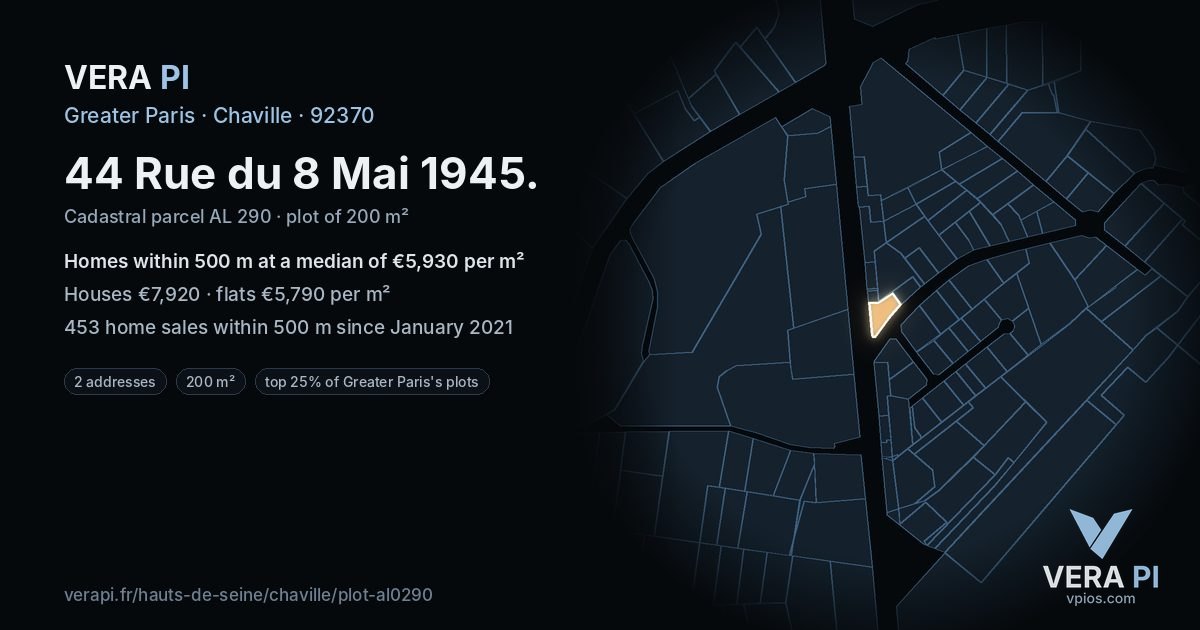 44 Rue du 8 Mai 1945, Chaville at night – the plot lit, the parcels around coloured by the prices near them