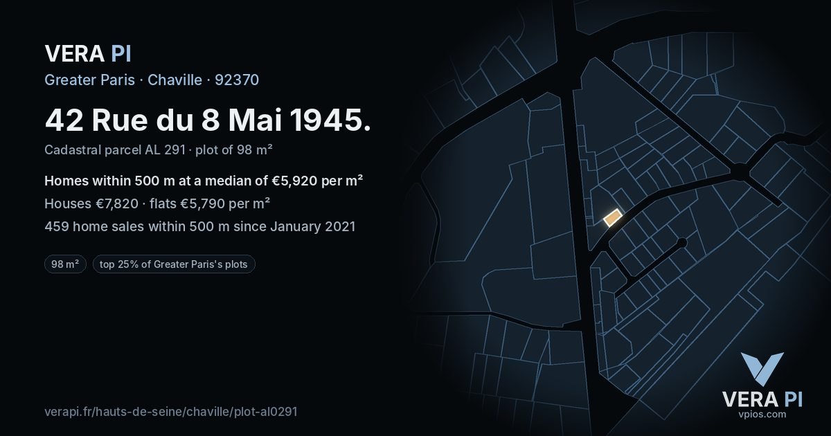 42 Rue du 8 Mai 1945, Chaville at night – the plot lit, the parcels around coloured by the prices near them