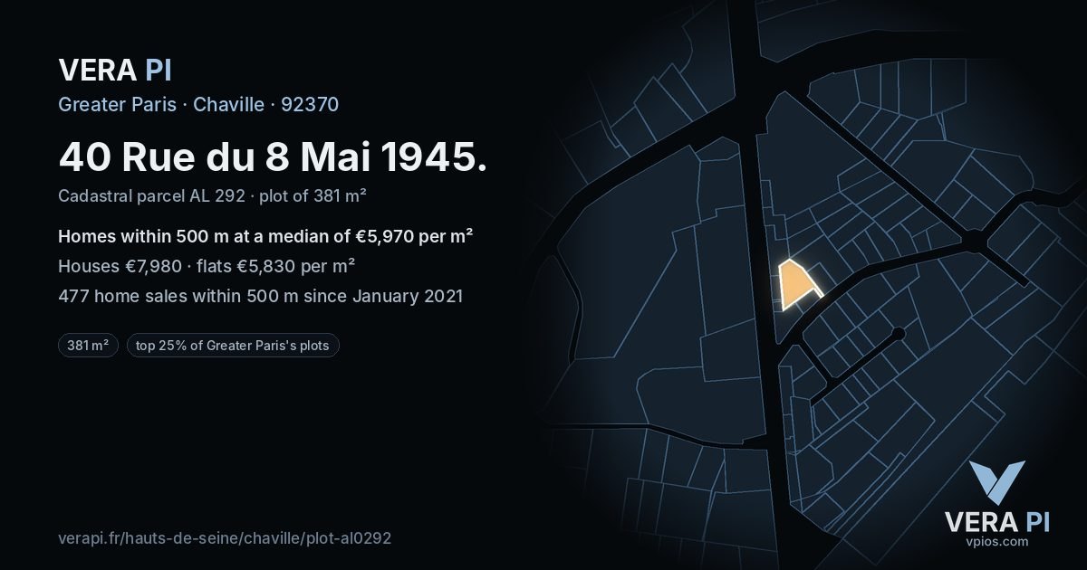 40 Rue du 8 Mai 1945, Chaville at night – the plot lit, the parcels around coloured by the prices near them