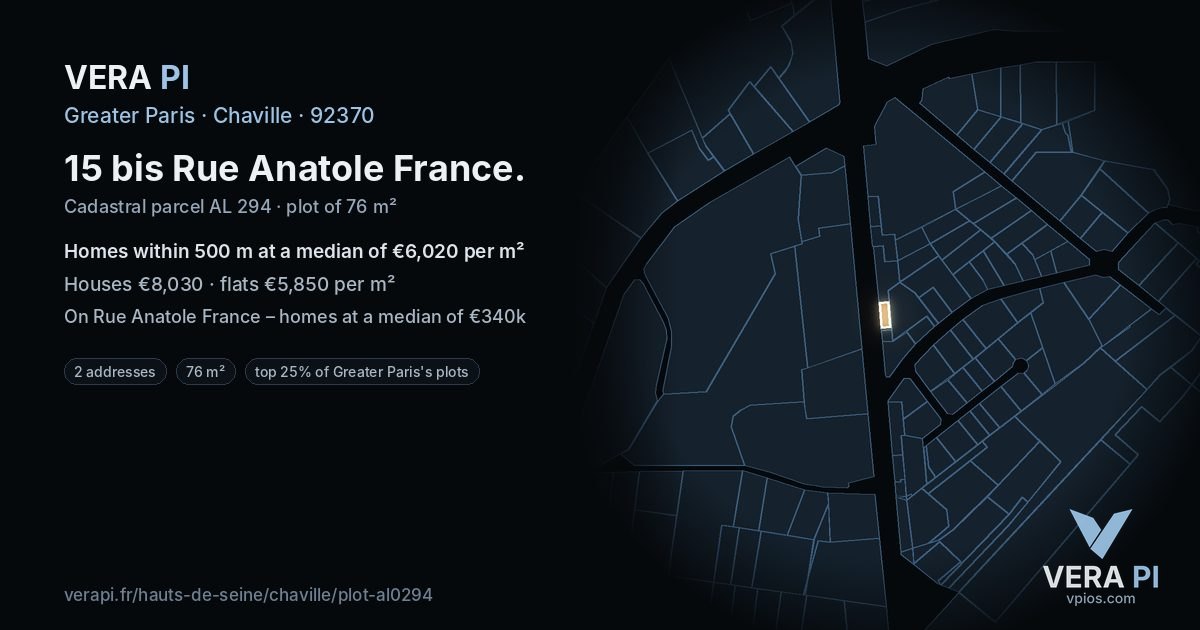 15 bis Rue Anatole France, Chaville at night – the plot lit, the parcels around coloured by the prices near them