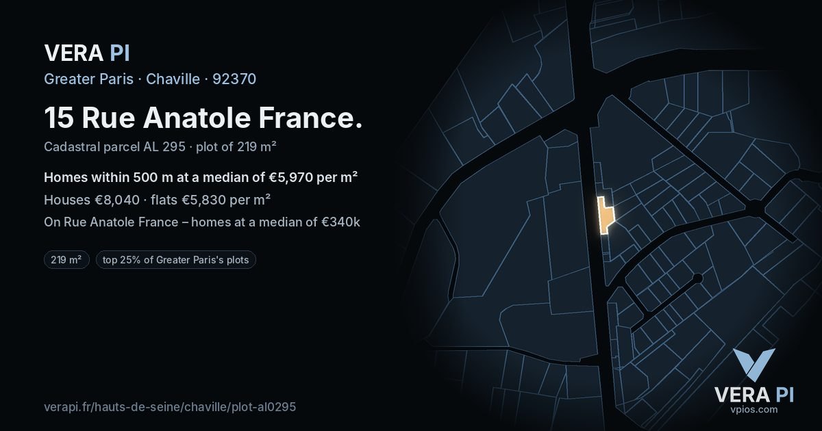15 Rue Anatole France, Chaville at night – the plot lit, the parcels around coloured by the prices near them