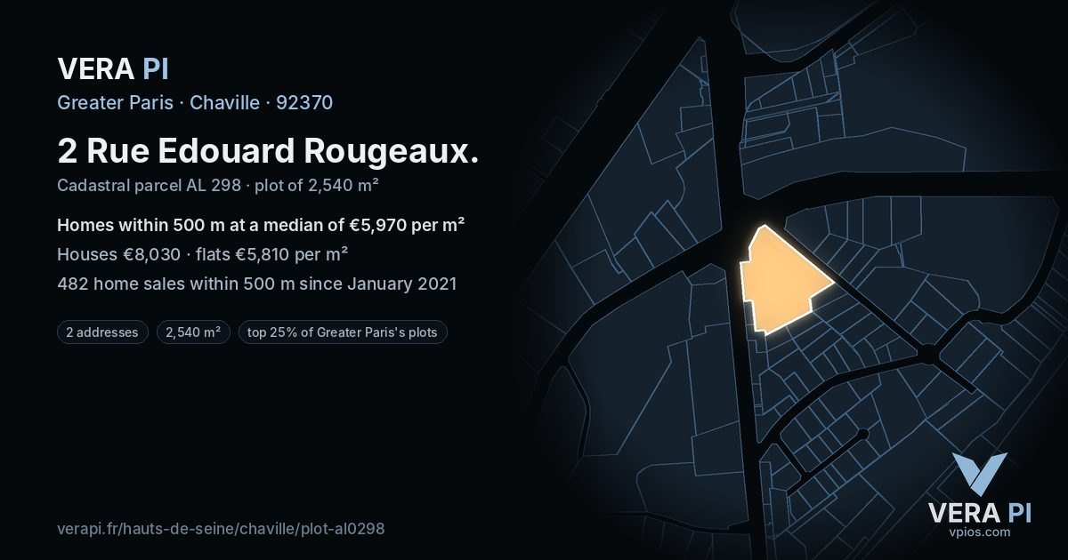 2 Rue Edouard Rougeaux, Chaville at night – the plot lit, the parcels around coloured by the prices near them