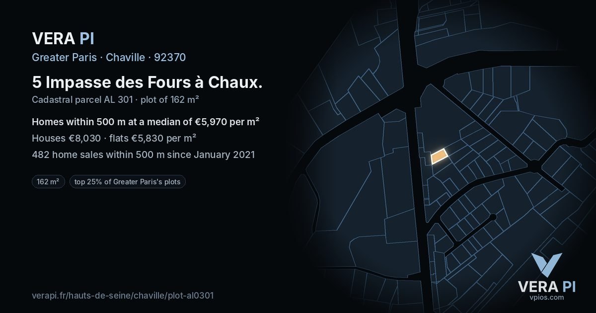 5 Impasse des Fours à Chaux, Chaville at night – the plot lit, the parcels around coloured by the prices near them