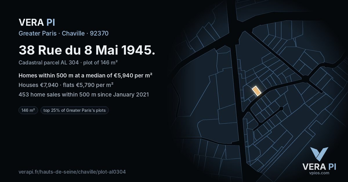 38 Rue du 8 Mai 1945, Chaville at night – the plot lit, the parcels around coloured by the prices near them