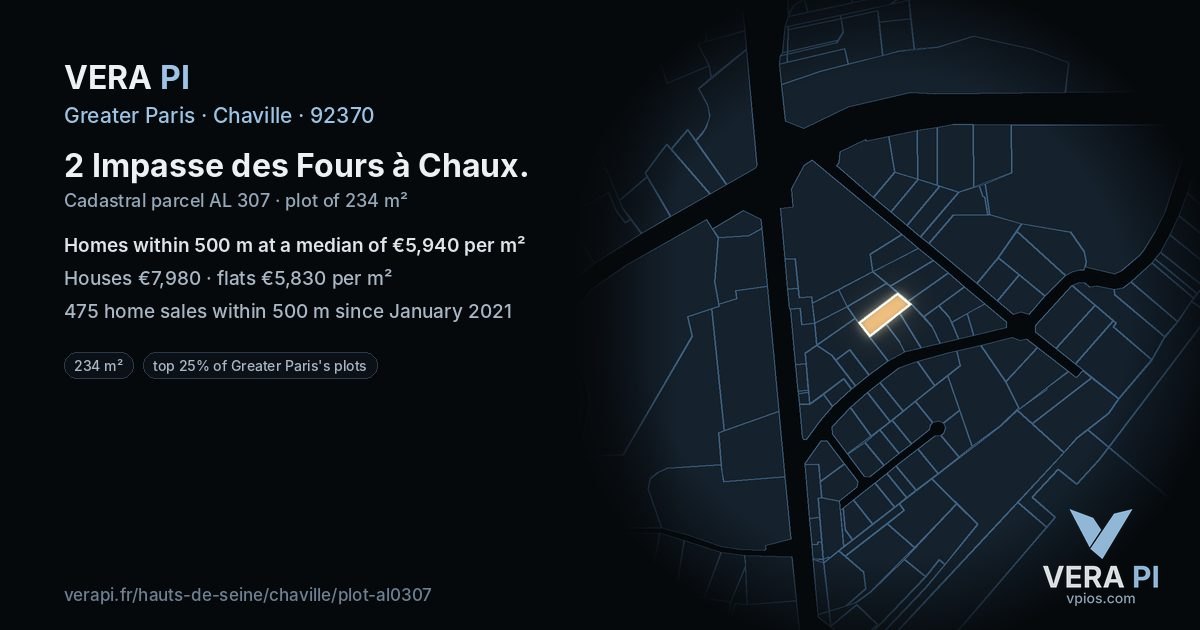 2 Impasse des Fours à Chaux, Chaville at night – the plot lit, the parcels around coloured by the prices near them