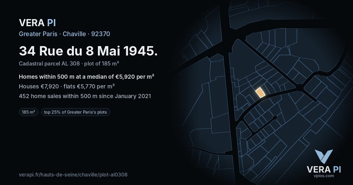34 Rue du 8 Mai 1945, Chaville at night – the plot lit, the parcels around coloured by the prices near them
