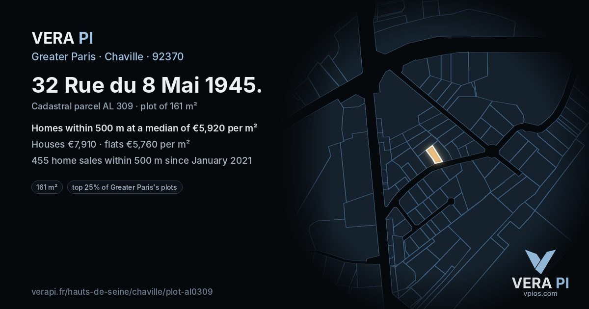 32 Rue du 8 Mai 1945, Chaville at night – the plot lit, the parcels around coloured by the prices near them