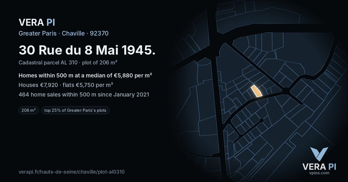 30 Rue du 8 Mai 1945, Chaville at night – the plot lit, the parcels around coloured by the prices near them