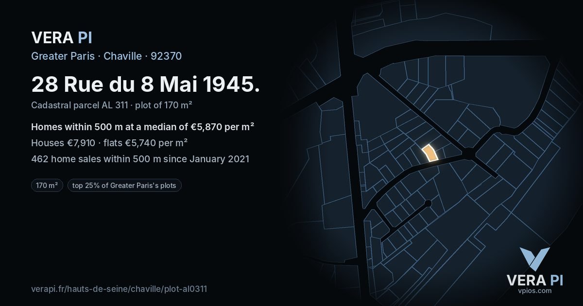 28 Rue du 8 Mai 1945, Chaville at night – the plot lit, the parcels around coloured by the prices near them