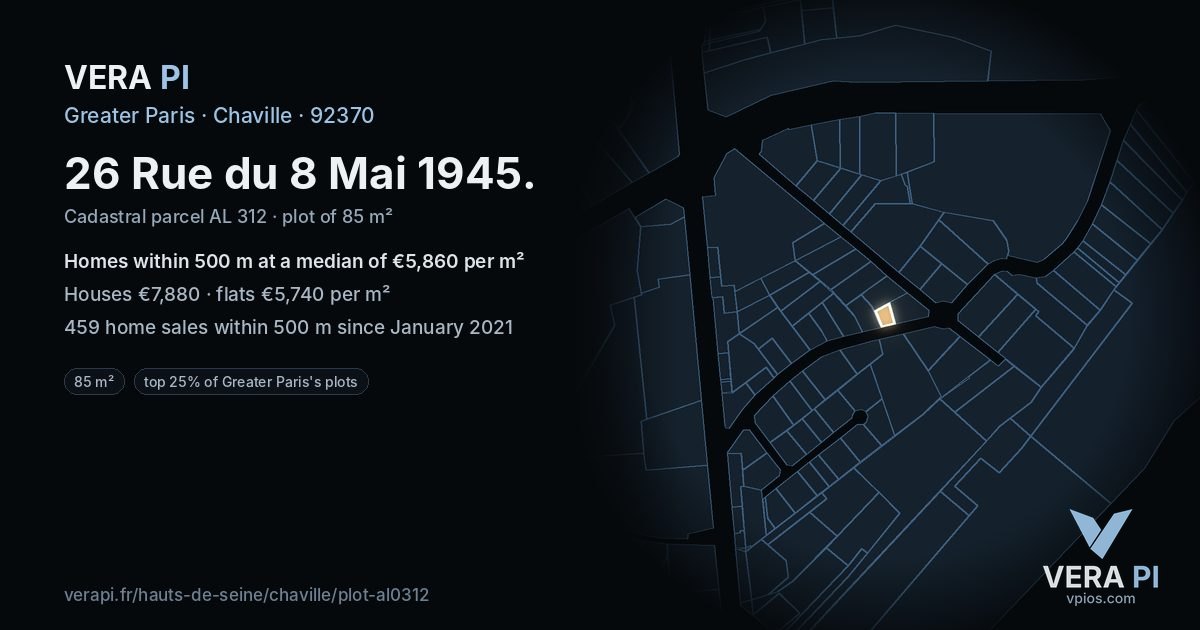 26 Rue du 8 Mai 1945, Chaville at night – the plot lit, the parcels around coloured by the prices near them
