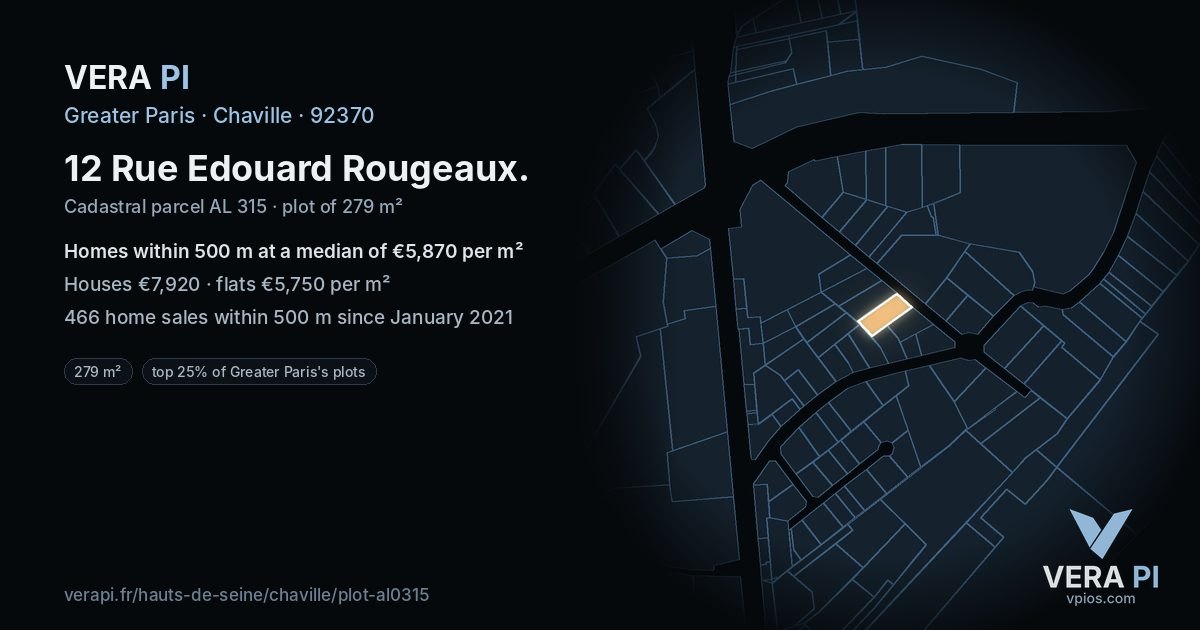 12 Rue Edouard Rougeaux, Chaville at night – the plot lit, the parcels around coloured by the prices near them