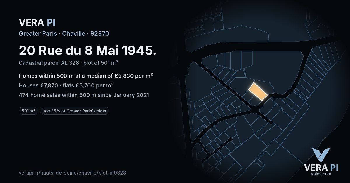 20 Rue du 8 Mai 1945, Chaville at night – the plot lit, the parcels around coloured by the prices near them