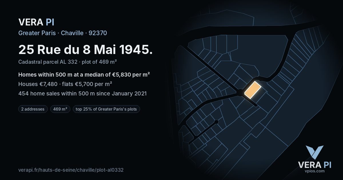 25 Rue du 8 Mai 1945, Chaville at night – the plot lit, the parcels around coloured by the prices near them