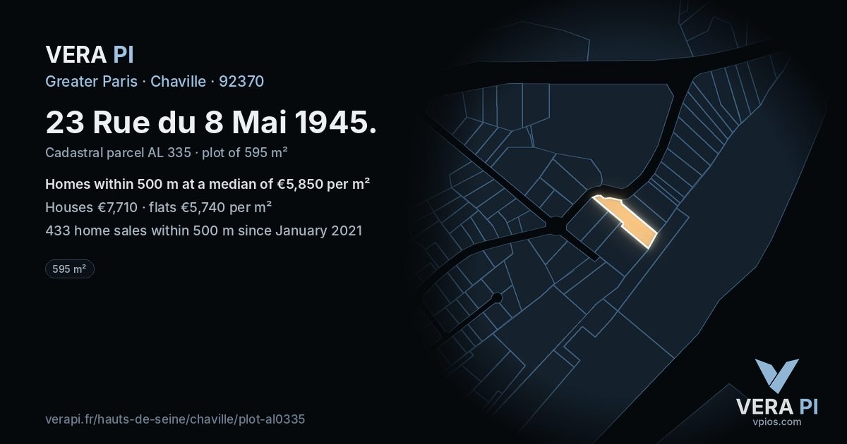 23 Rue du 8 Mai 1945, Chaville at night – the plot lit, the parcels around coloured by the prices near them