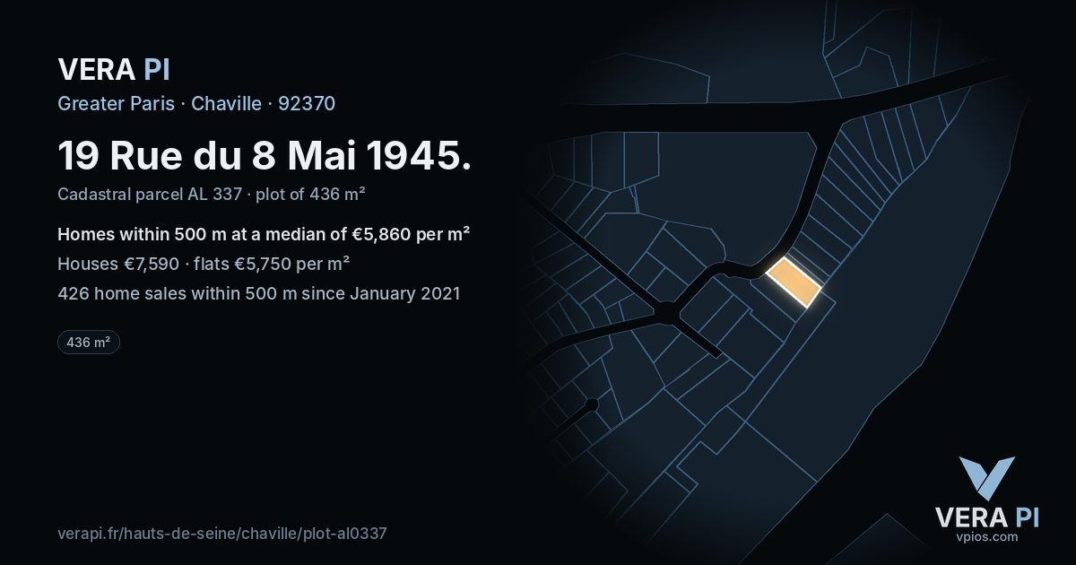 19 Rue du 8 Mai 1945, Chaville at night – the plot lit, the parcels around coloured by the prices near them