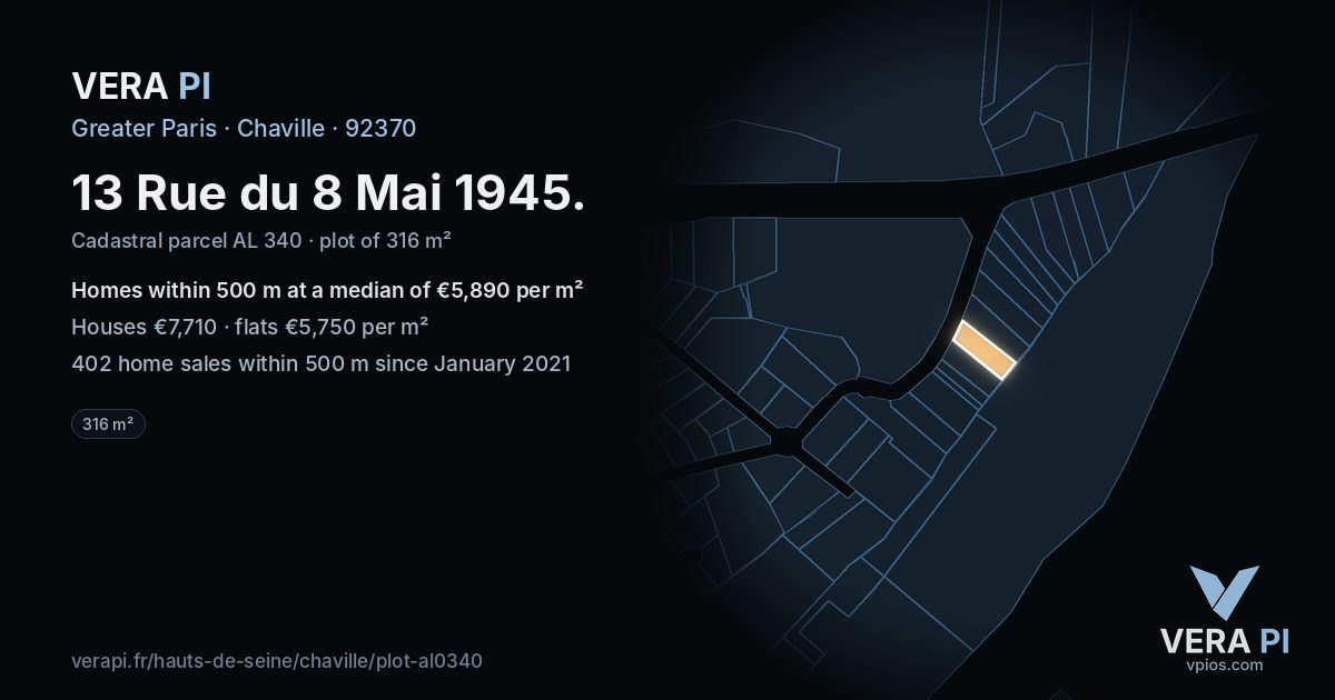 13 Rue du 8 Mai 1945, Chaville at night – the plot lit, the parcels around coloured by the prices near them