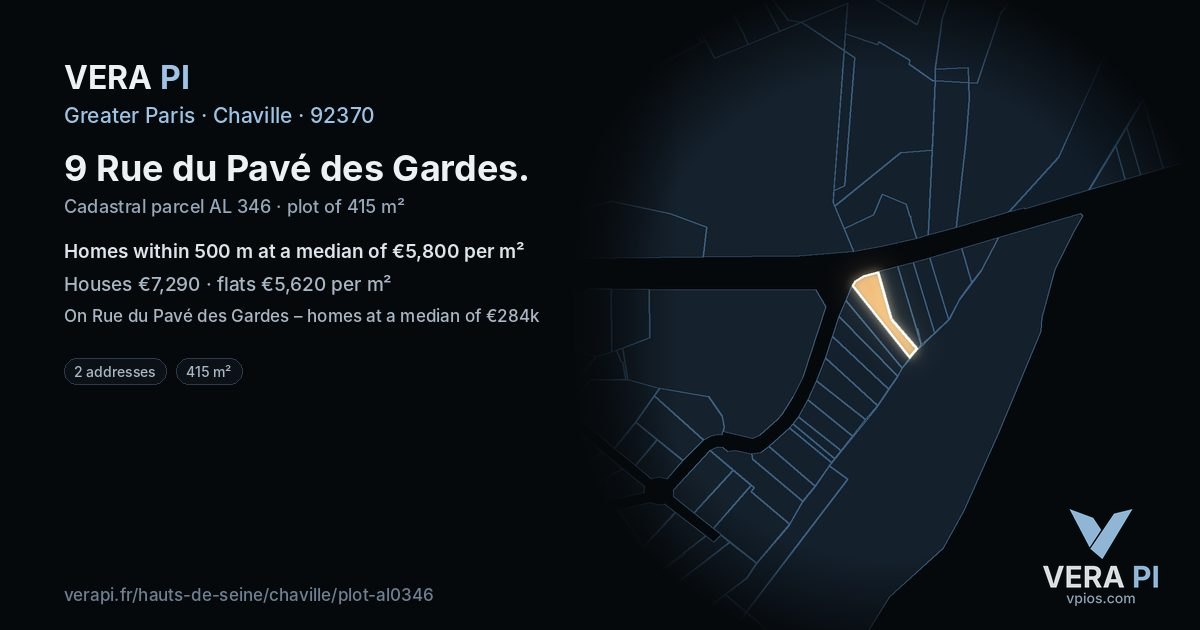 9 Rue du Pavé des Gardes, Chaville at night – the plot lit, the parcels around coloured by the prices near them