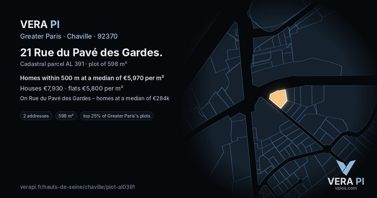 21 Rue du Pavé des Gardes, Chaville at night – the plot lit, the parcels around coloured by the prices near them
